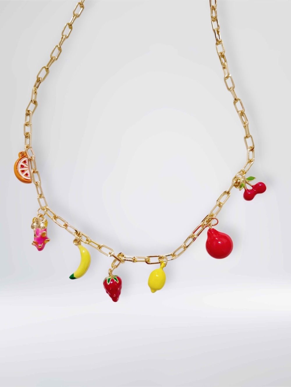 Hand Crafted Gold Fruit Charm Necklace with Red, Yellow and Pink Accents
